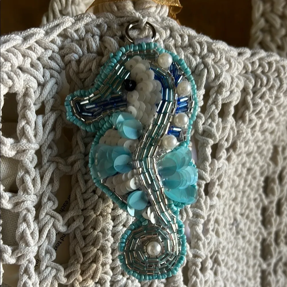 Made In India | Cream Crochet Tote Bag w/ Seahorse Bag Charm - Image 2