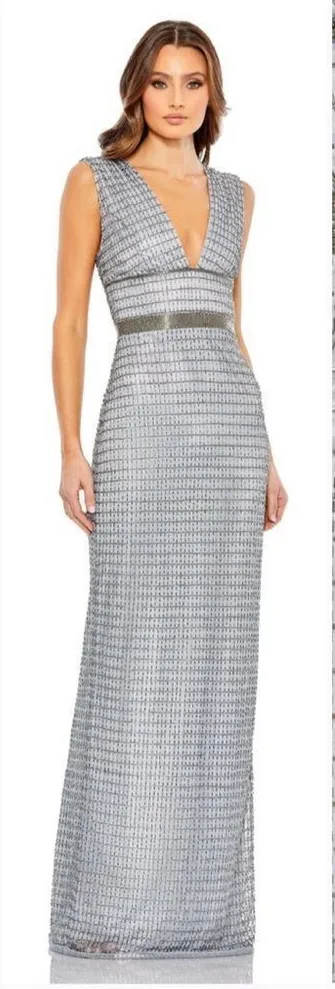 Mac Duggal 5625 Womens Silver Beaded Cap Sleeve V Neck Column Gown Dress - Image 2