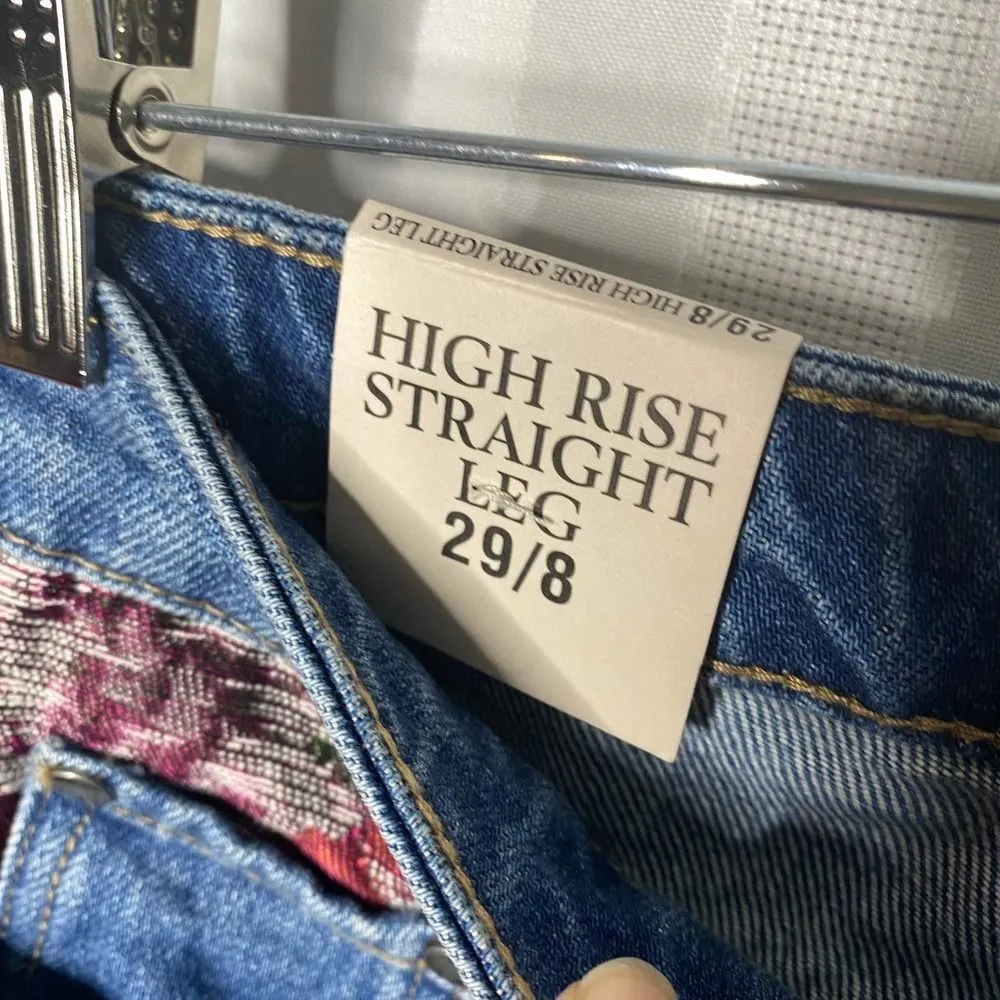 Vince Camuto High Rise Straight Leg Patchwork Ripped Jeans Blue 29/8 Distressed - Image 4