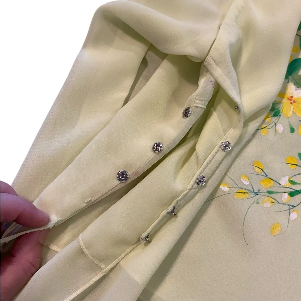Vintage Ao Dai Yellow Hand Painted Floral Long Sleeve sheer Dress - Image 8
