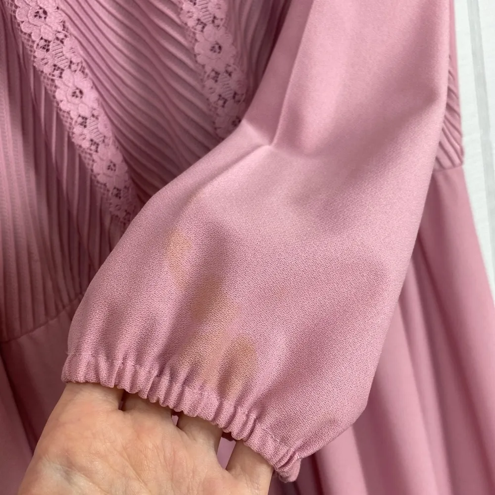 Vintage Sears Mauve Pink High Neck Lace Midi Long Sleeve Dress With Belt 14P - Image 2