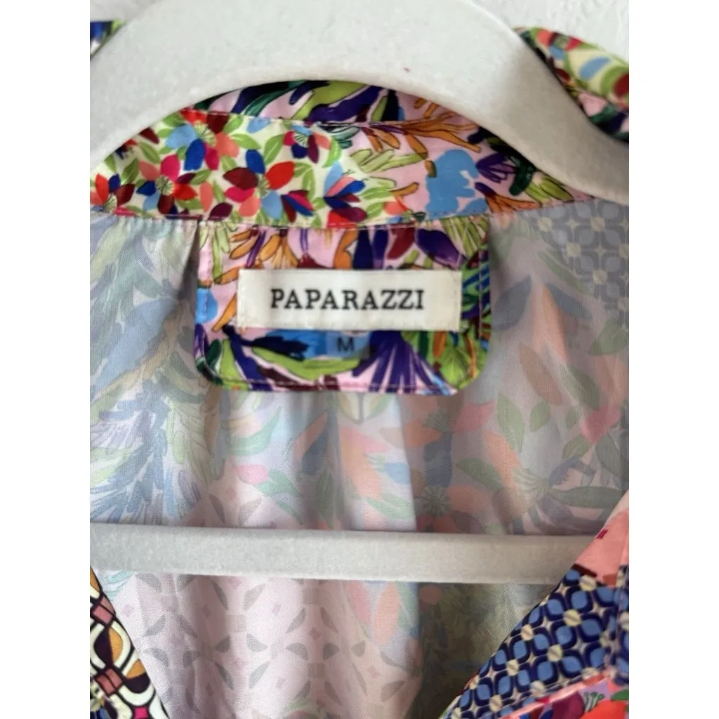 Paparazzi  Mesh Print Rouched Button Up Front Patchwork Blouse‎ Top Womens Size M - Image 13