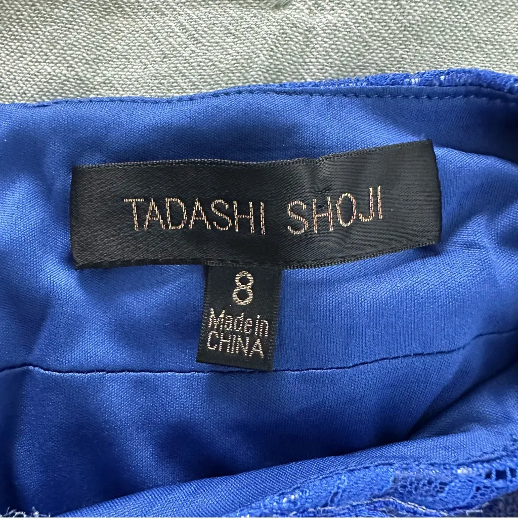Tadashi Shoji Blue Lace Short Sleeve Midi Sheath Dress Size 8 - Image 4
