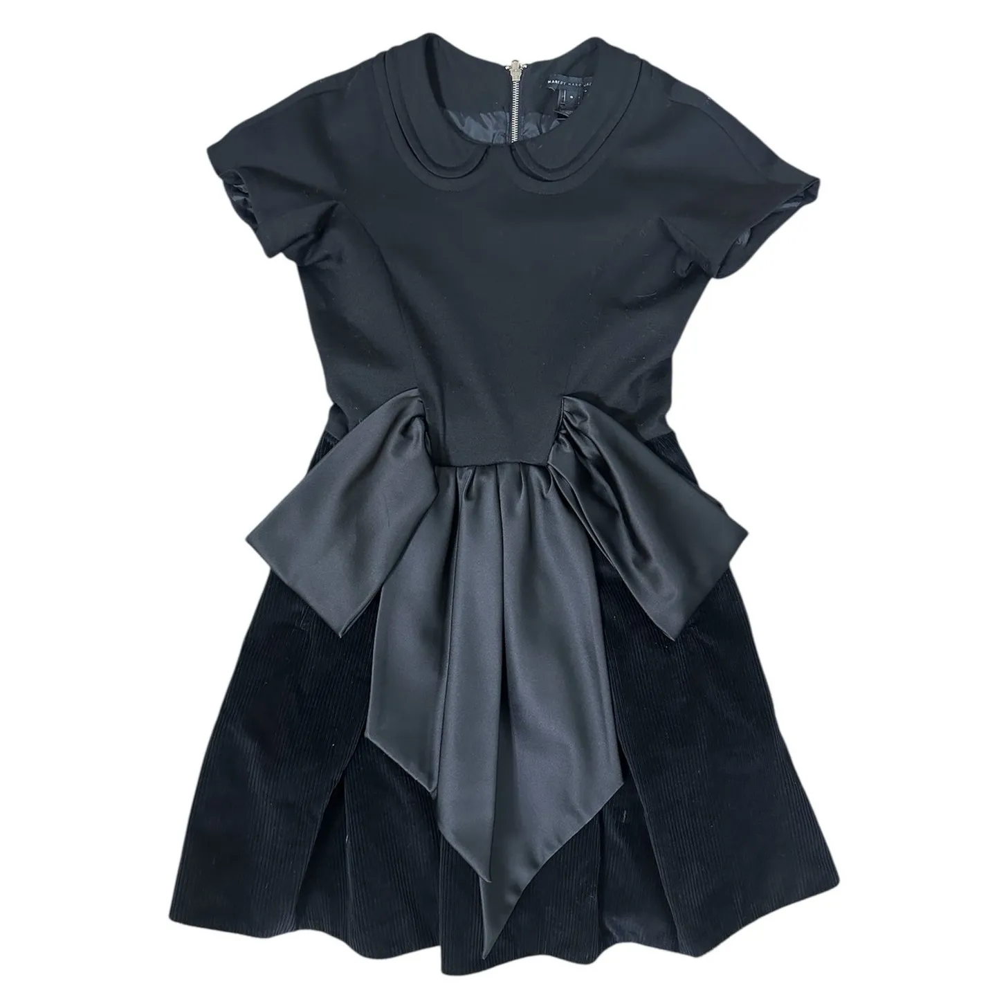 Marc Jacobs Mini Dress Black Wool & Corduroy Satin Bow Short Sleeve size Small - Image 3