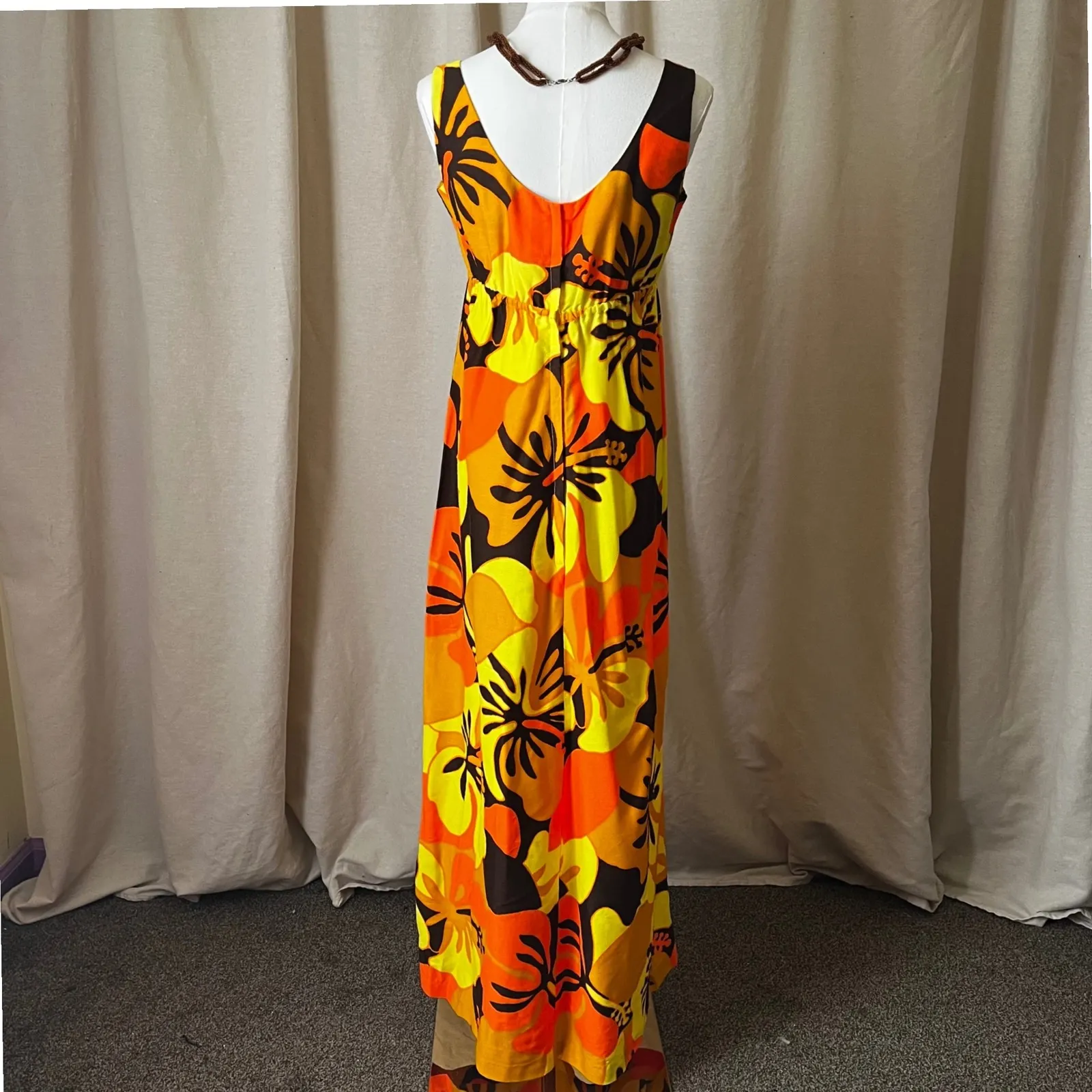 Vintage 70s Pomaré Tahiti Orange Yellow Hibiscus Maxi Dress XS‎ Honolulu - Image 5