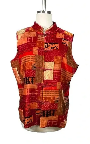 Vintage Quilted Mandarin Collar Vest Velvet Patchwork Silk Boho Women Size Large - Image 1