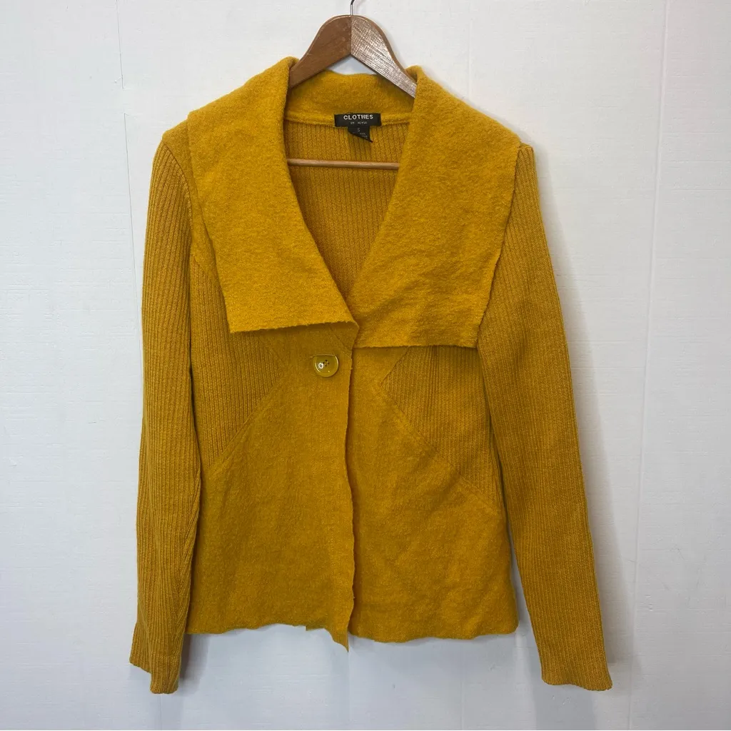 Clothes Small Vintage Boiled Wool Mustard Yellow Long Sleeve Cardigan Sweater Size L - Image 2