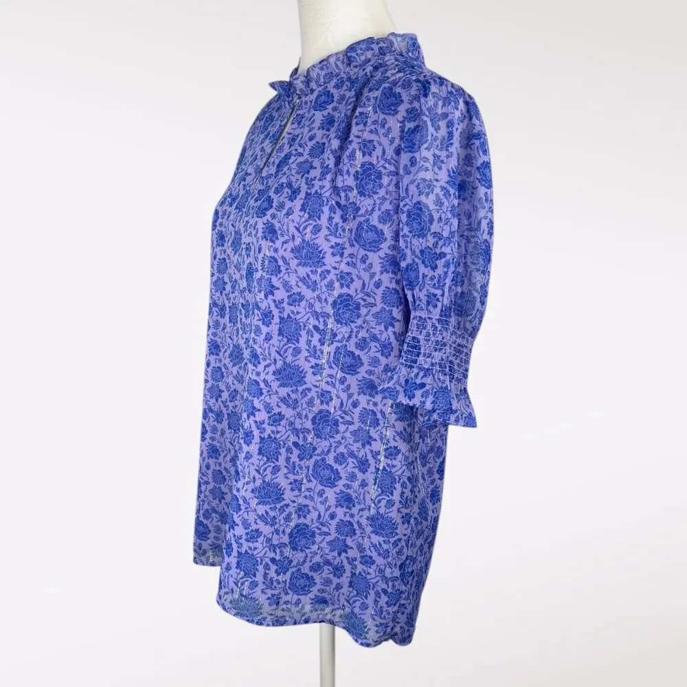 J.Crew Floral Blouse Ruffle Neck Keyhole Front Flowy Sleeve Medium - Image 4