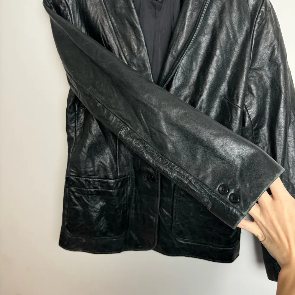 Vtg 90s y2k GAP Black Leather Jacket Womens Sz Small Double Button Collar - Image 12