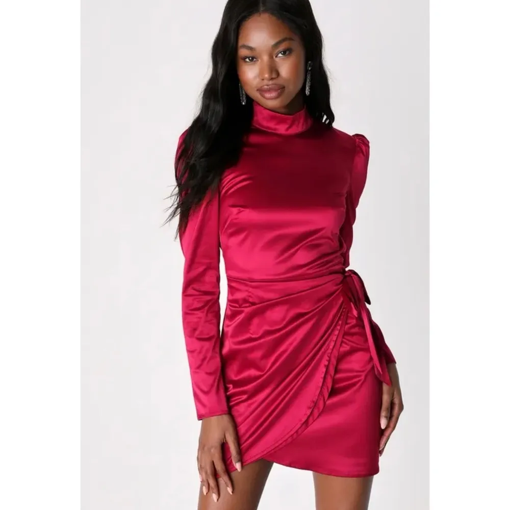 Lulus Late Night Stunner Wine Red Satin Cutout Faux-Wrap Mini Dress - Image 3