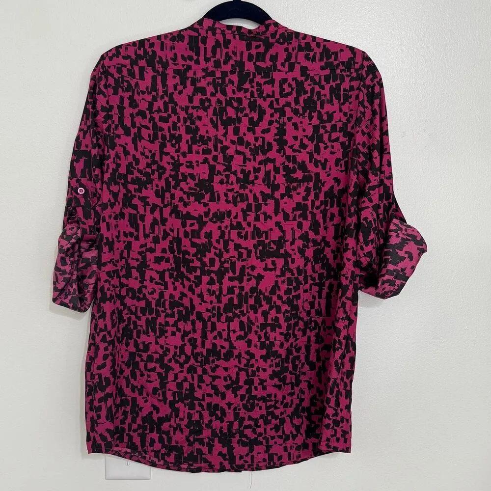 CALVIN KLEIN Geometric Long Sleeve Button Down Blouse Crepe Fuchsia NWOT Medium - Image 8