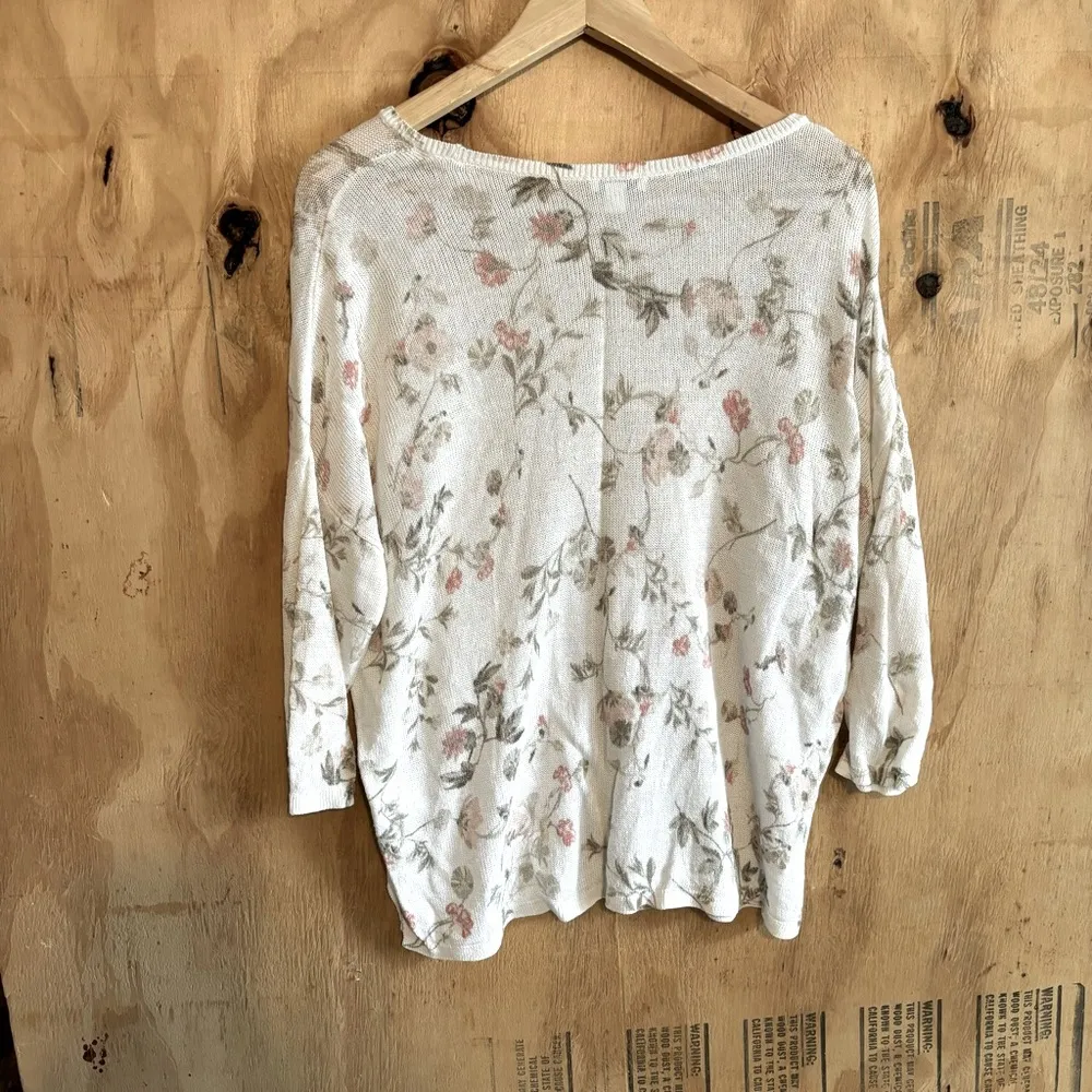 J. Jill Linen Blend Floral Print 3/4 Sleeve Knit Sweater Sz L - Image 2