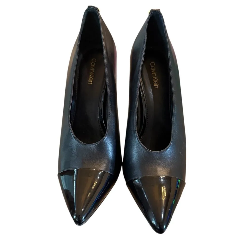 Calvin Klein Black Leather Patent Cap Toe Heels Size 9 - Image 2