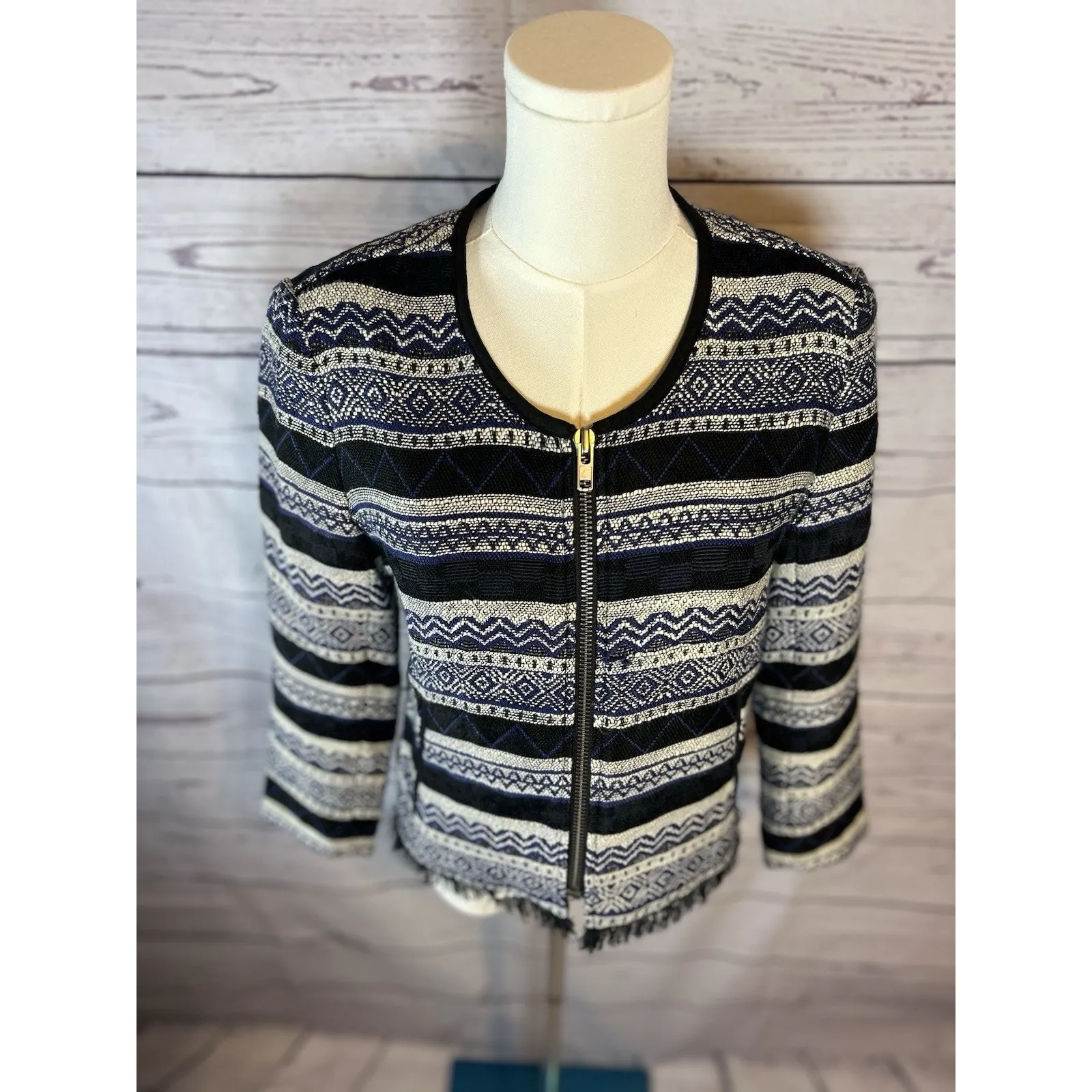 Loft Siesta Aztec Fringe Zip Blazer Jacket Blue Black White Woven Tweed Size 2 - Image 2