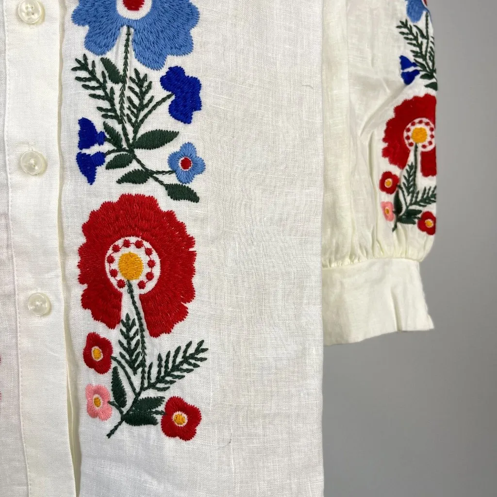 NWOT Boden Embroidered Floral Ivory Long Sleeves White Linen Top Shirt Blouse 12 - Image 5