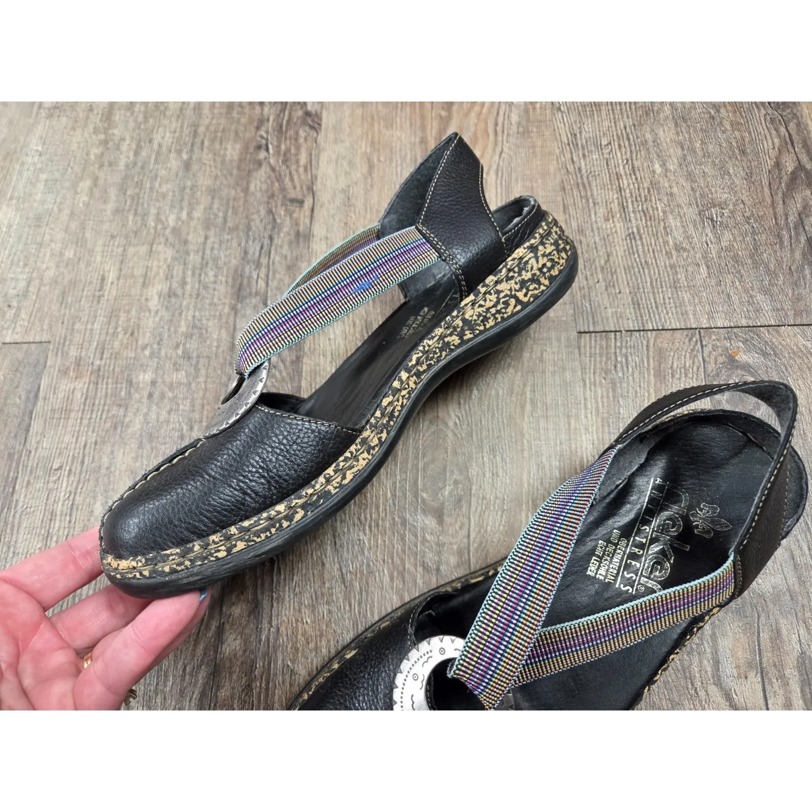 Rieker Caribu Schwarz Daisy Slip on Leather Shoes Black Slingback Euro 37 - Image 6