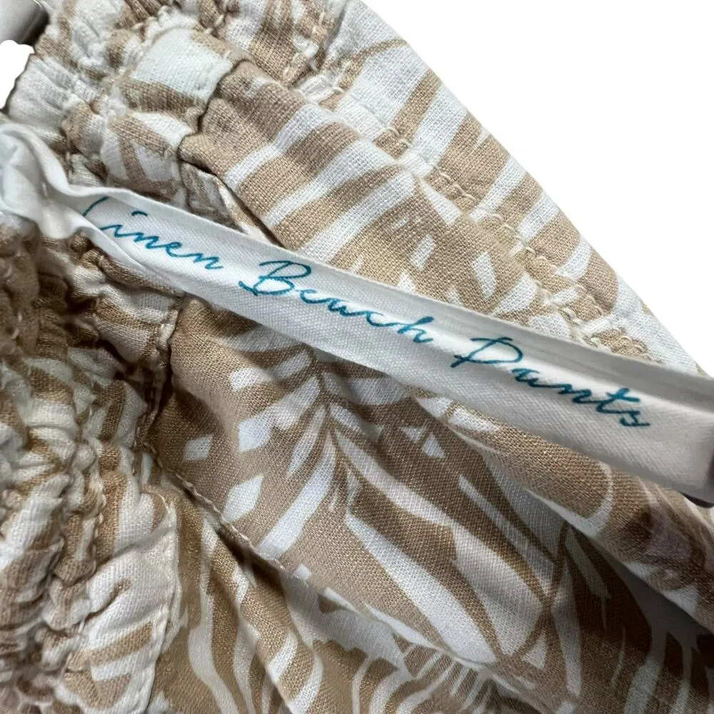 Cali 1850 Linen Beach Pants Womens M Tan White Leaf Smocked Pull On Coconut Girl - Image 12