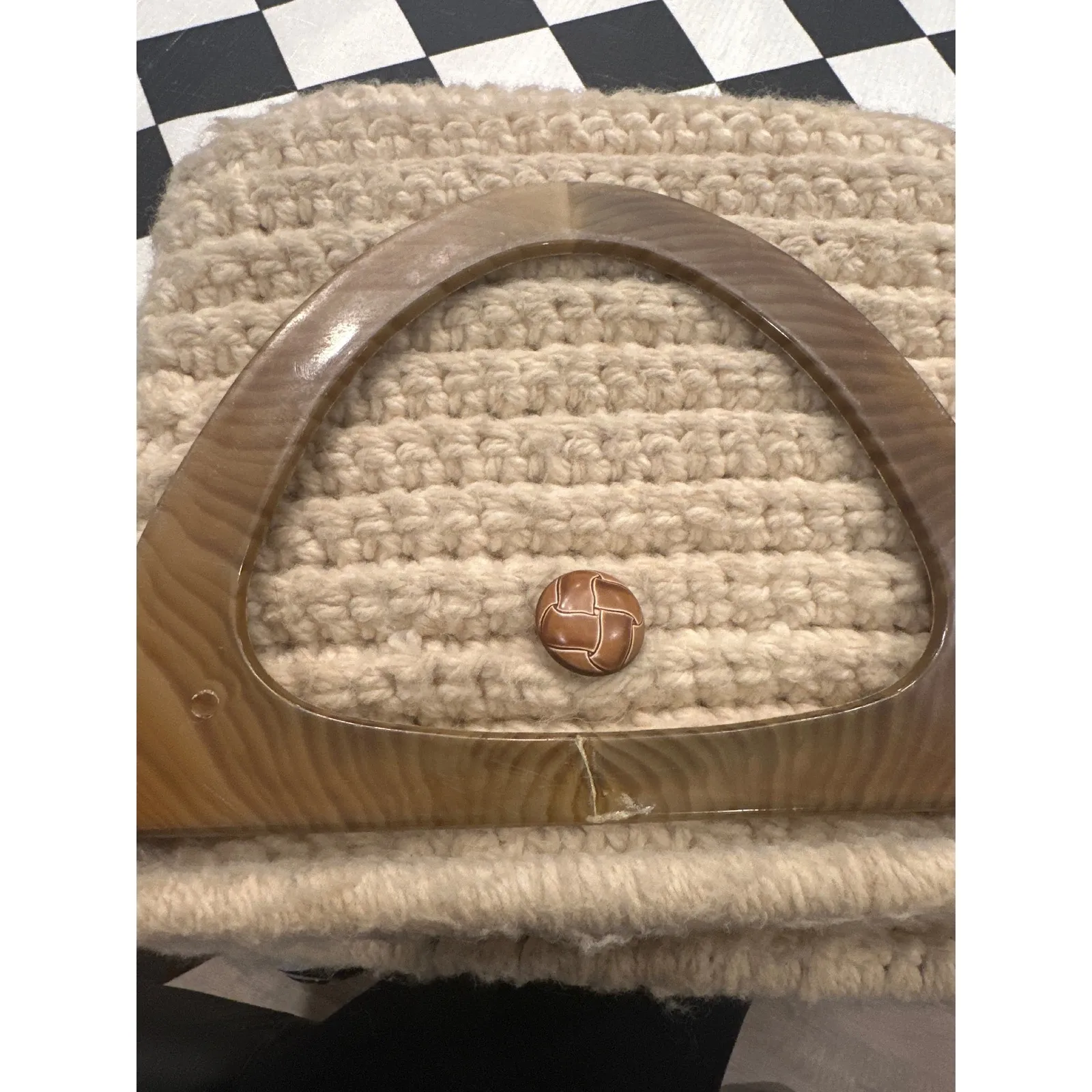 Vintage Style Crochet Knit Handbag Purse Wooden Handle Boho Chic Women's Bag Tan - Image 5