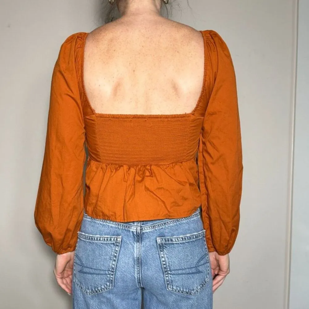 Abercrombie &Fitch Pintucked V-Neck Babydoll Blouse Cotton Orange Rust Sz Small - Image 2