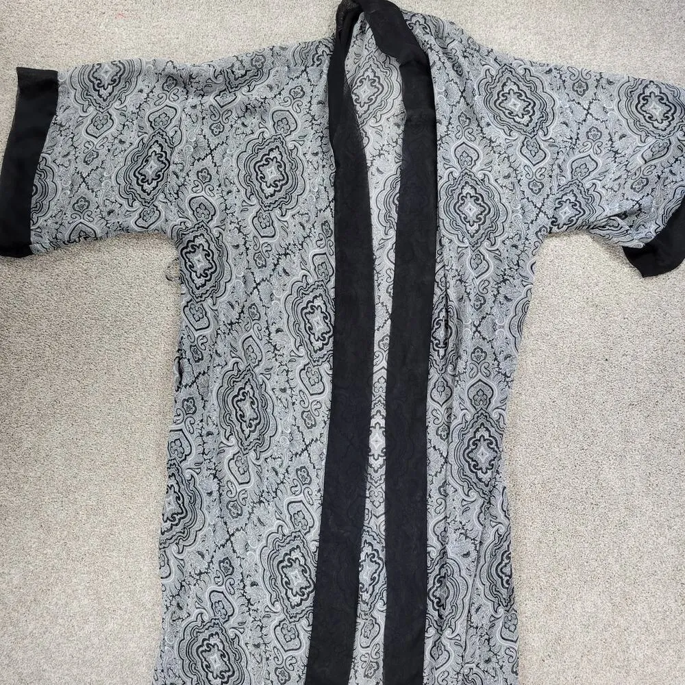 Vintage Cacique Lingerie Kimono Robe @L/XL Womens Gray Black Sheer Paisley Long - Image 4