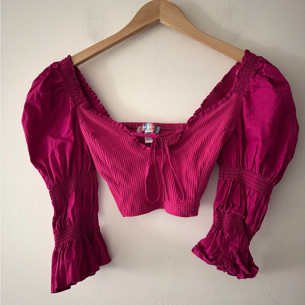 Urban Outfitters Rosie Magenta Pink Puff Sleeve Smocked Crop Top Tie Front - Image 2