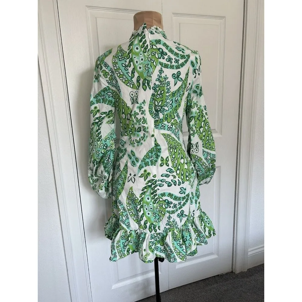 Staud Carolina Ruffle Mini Dress Paisley Butterfly Print White Green Size 2 - Image 3