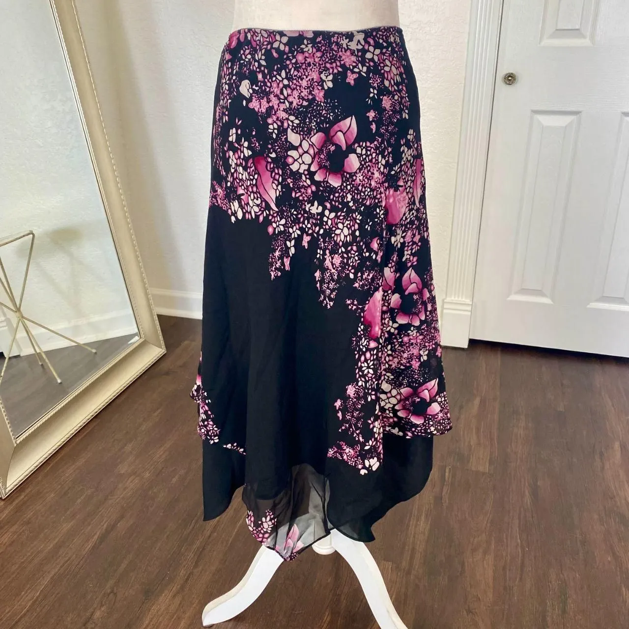 Express Early 2000s Asymmetric Handkerchief Black Pink Purple Silk Midi Skirt XS - Image 6