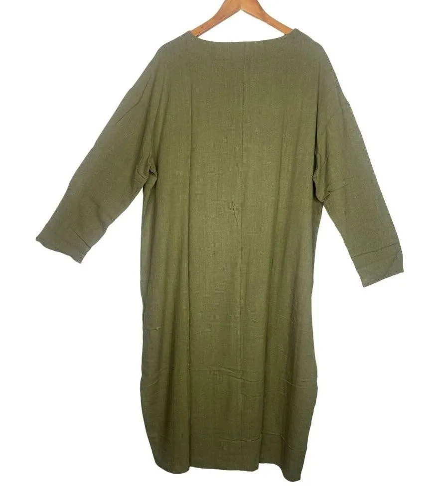 NEW Linen Soft Cotton Kaftan 3/4 Sleeve Loose Casual Maxi Dress L Khaki Green Size L - Image 4