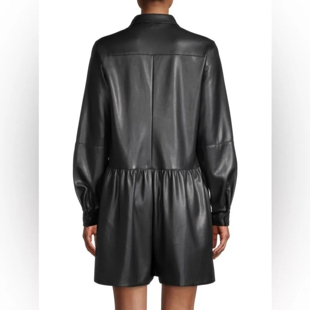 NEW $395 Rebecca Taylor Black Vegan Leather Romper Long Sleeve Shorts Size 4 - Image 5