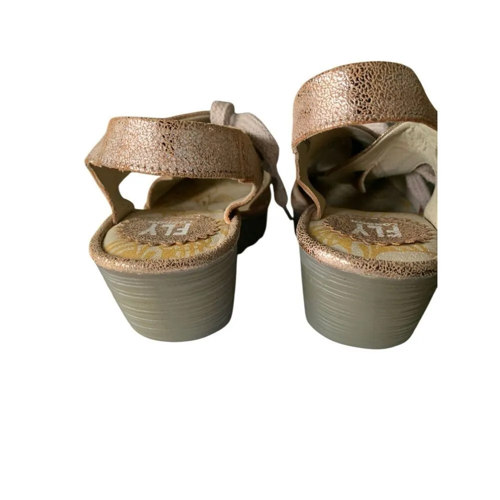 Fly London Yfla leather lace up tan gold wedge sandals women's size 38 7.5-8 - Image 3