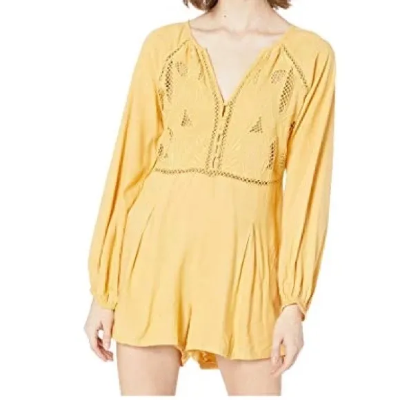 O'Neill Long Sleeve Lace Crochet V-Neck Ryana Yellow Romper (S) NWT - Image 3