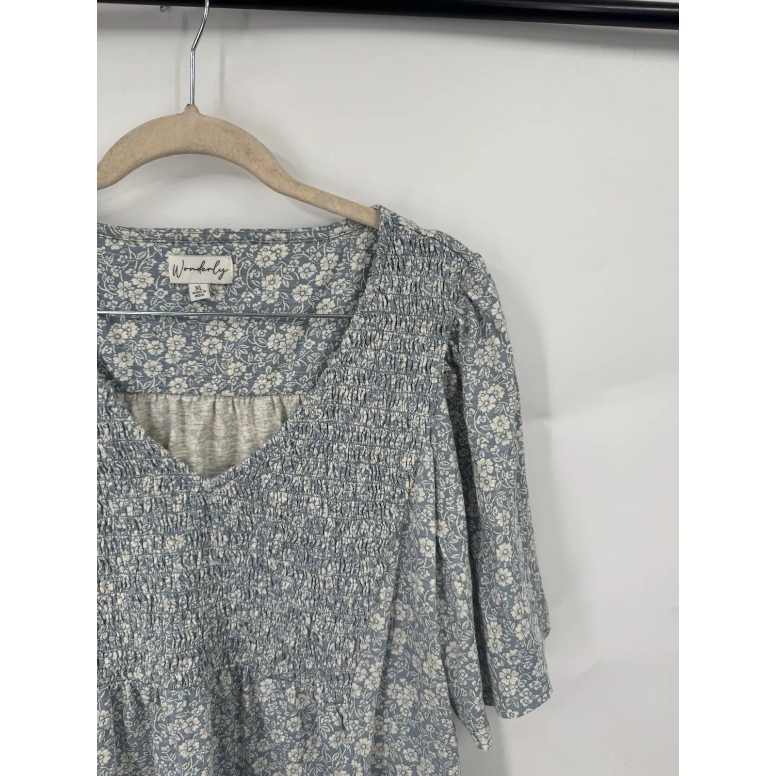 Wonderly Floral Cottage Peasant Blouse Women XL Blue Bohemian Milk Maid Summer - Image 7