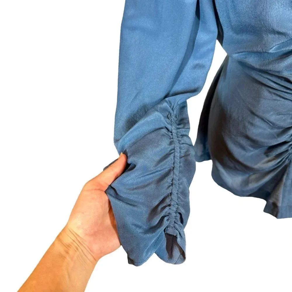 Mariacher Maria Cher Olite Rosario Silk Ruched Short Long Sleeve Mini Dress Blue Size M - Image 3