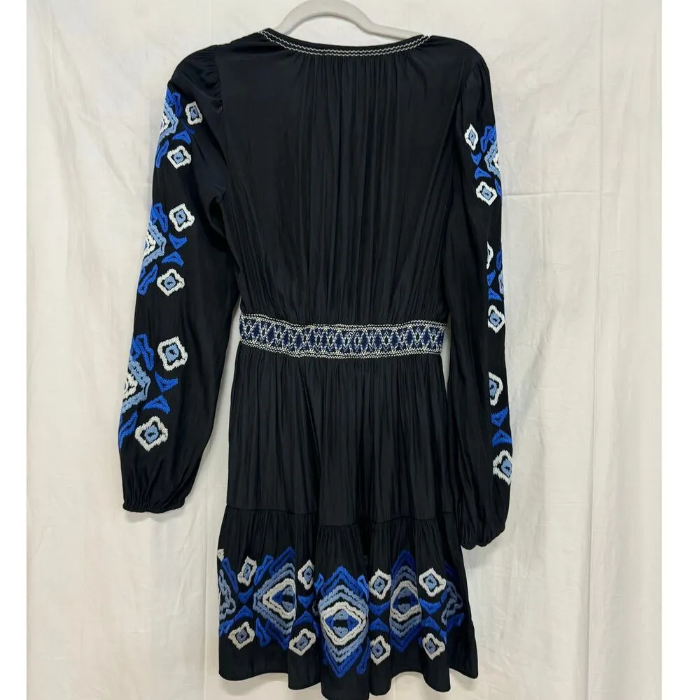 Marie Oliver Kira Ikat Embroidery Long Sleeve Mini Dress Black/Blue Womens P / S - Image 6