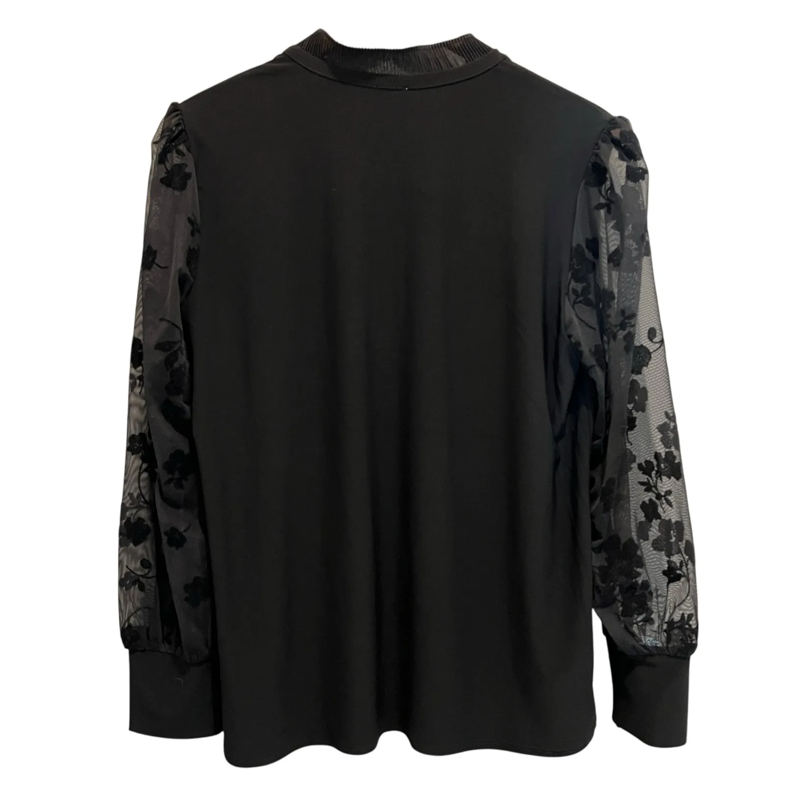 ANNE KLEIN Black V Neck Blouse Sheer Lace Sleeve Pleated Collar Sz L Tie Neck - Image 6