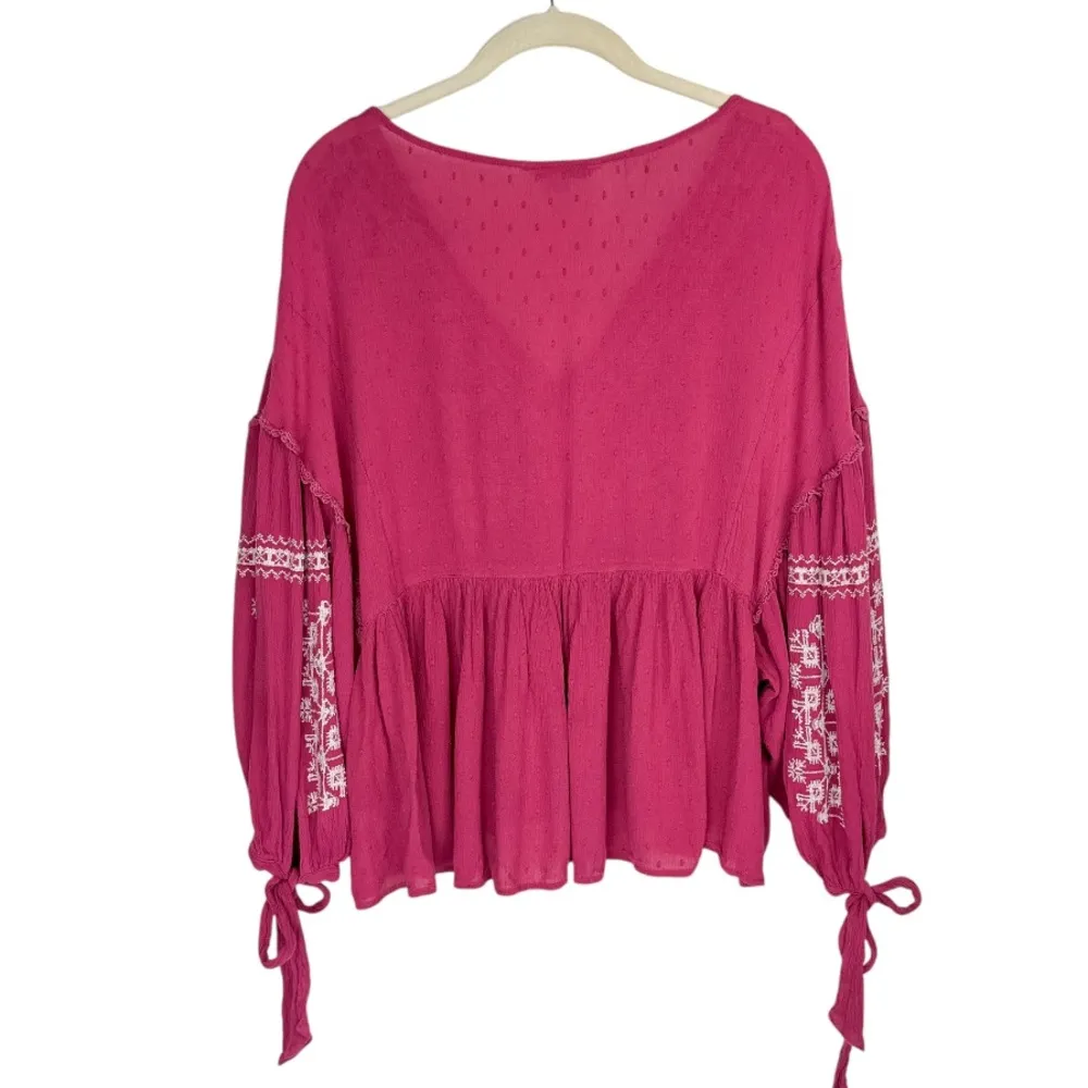 American Eagle Embroidered Boho Top Sz XL Pink Balloon Sleeves - Image 3