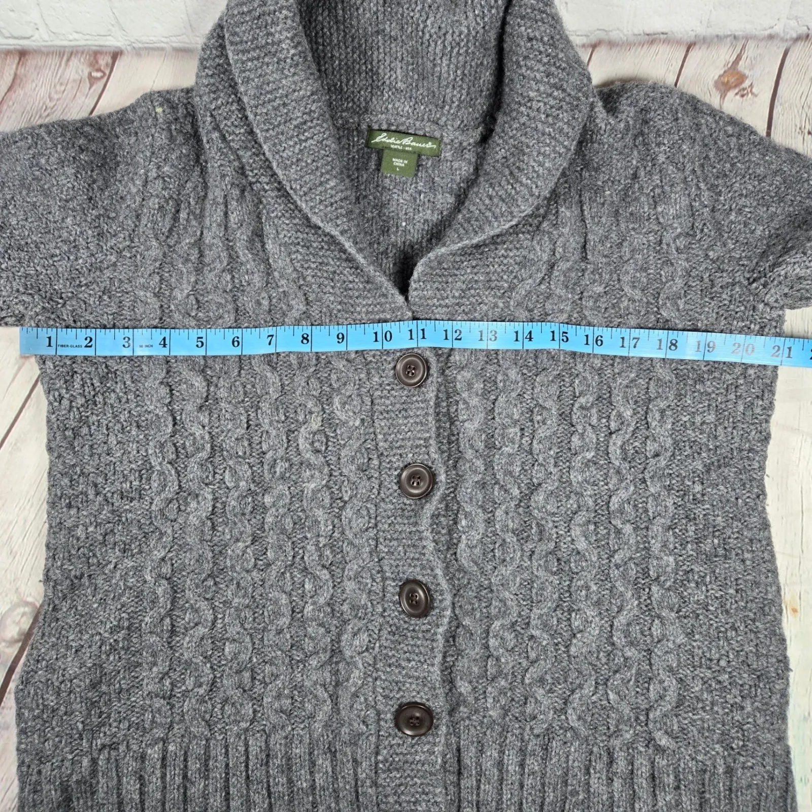 Eddie Bauer Lambswool Blend Cable Knit Shawl Collar Cardigan Sweater Gray Size L - Image 7