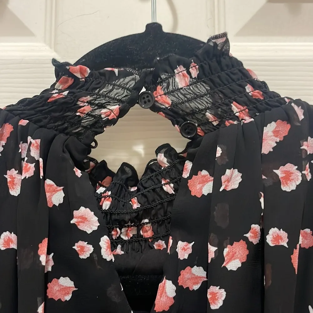 NWT Melloday Black Pink Floral High Neck Ruffle Sleeve Smocked Waist Maxi Dress - Image 7