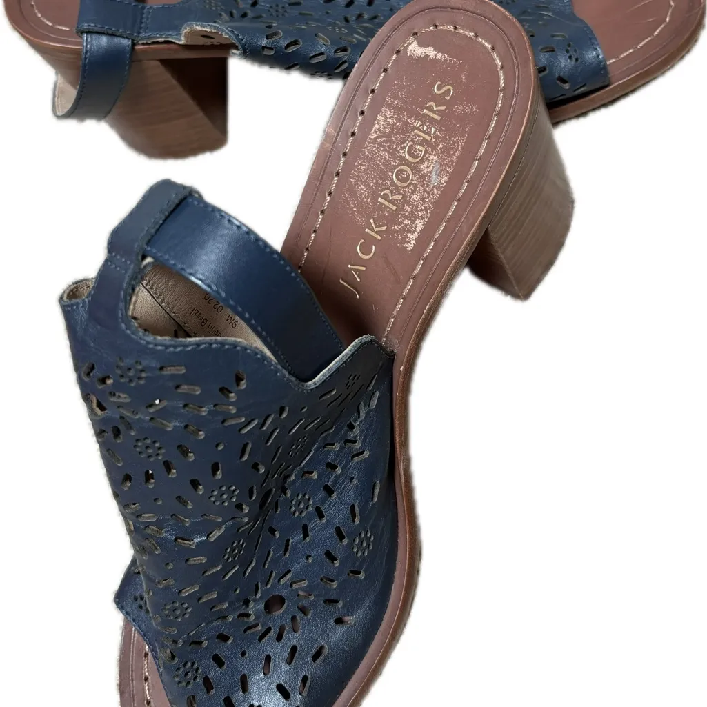 Jack Rogers “Ronnie” Navy Laser-Cut Leather Block Heel Sandals Size 9 Like New - Image 3