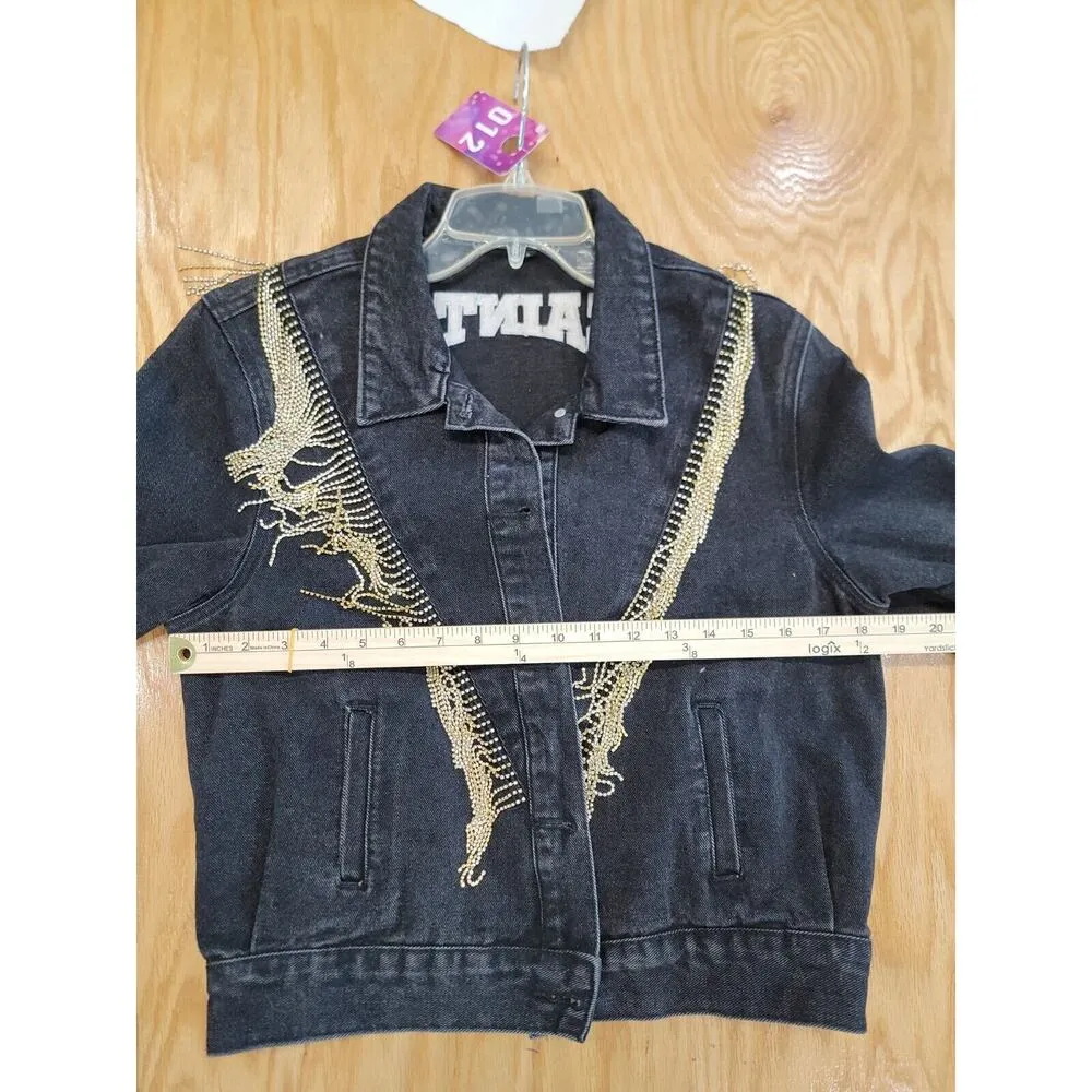 Western New Orleans Saints Jean Jacket Coat Denim Fringe Boho Embellish A12 Black Size M - Image 5