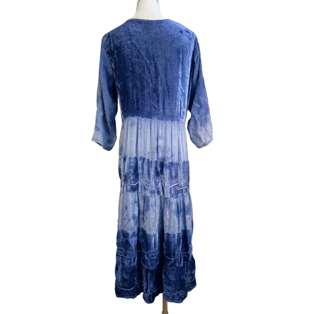 Vintage Velvet Midi Tiered Dress Blue Tie Dye Whimsical Size M - Image 9
