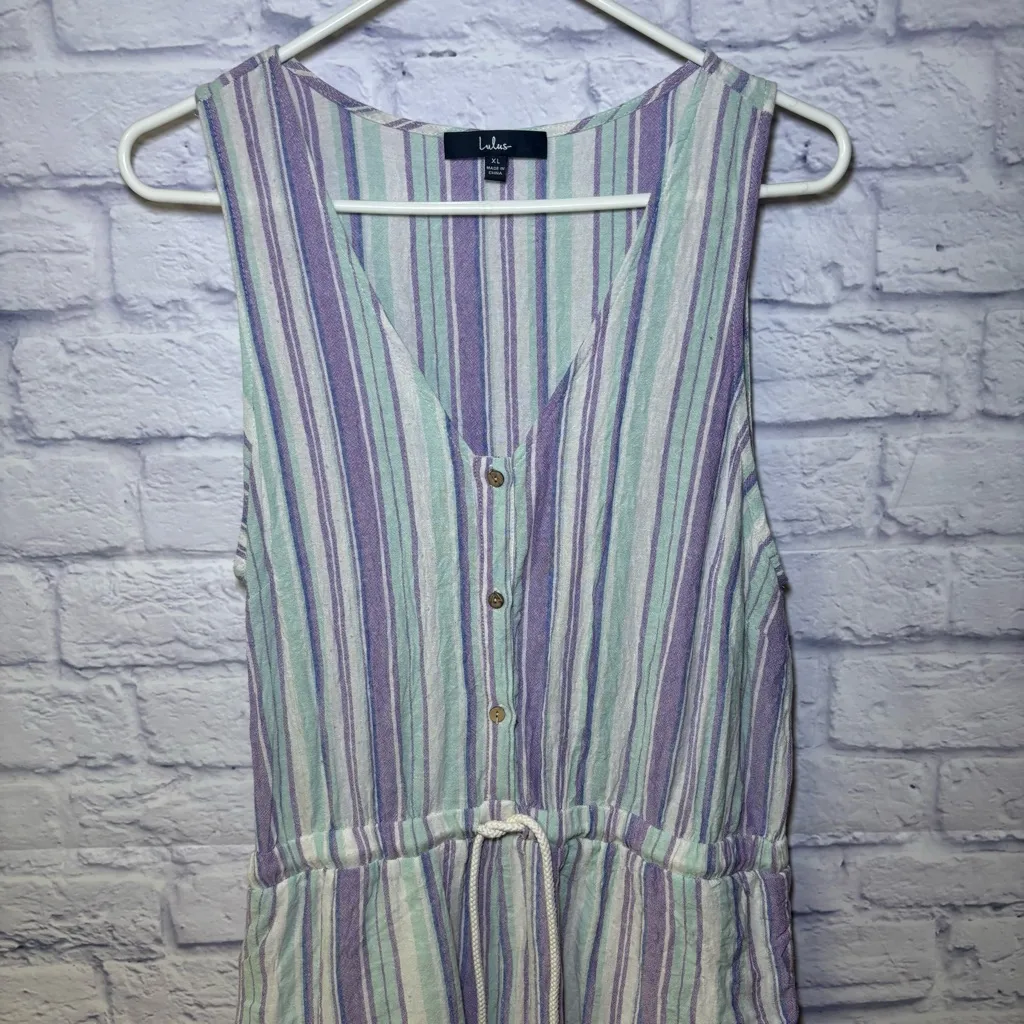 LULUS FOREVER ADVENTURE LILAC PURPLE MULTI STRIPED DRAWSTRING COTTON ROMPER XL - Image 4