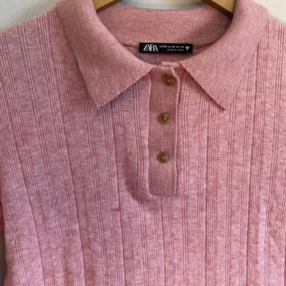 Zara Pink Cropped Long Sleeve Top - Image 3