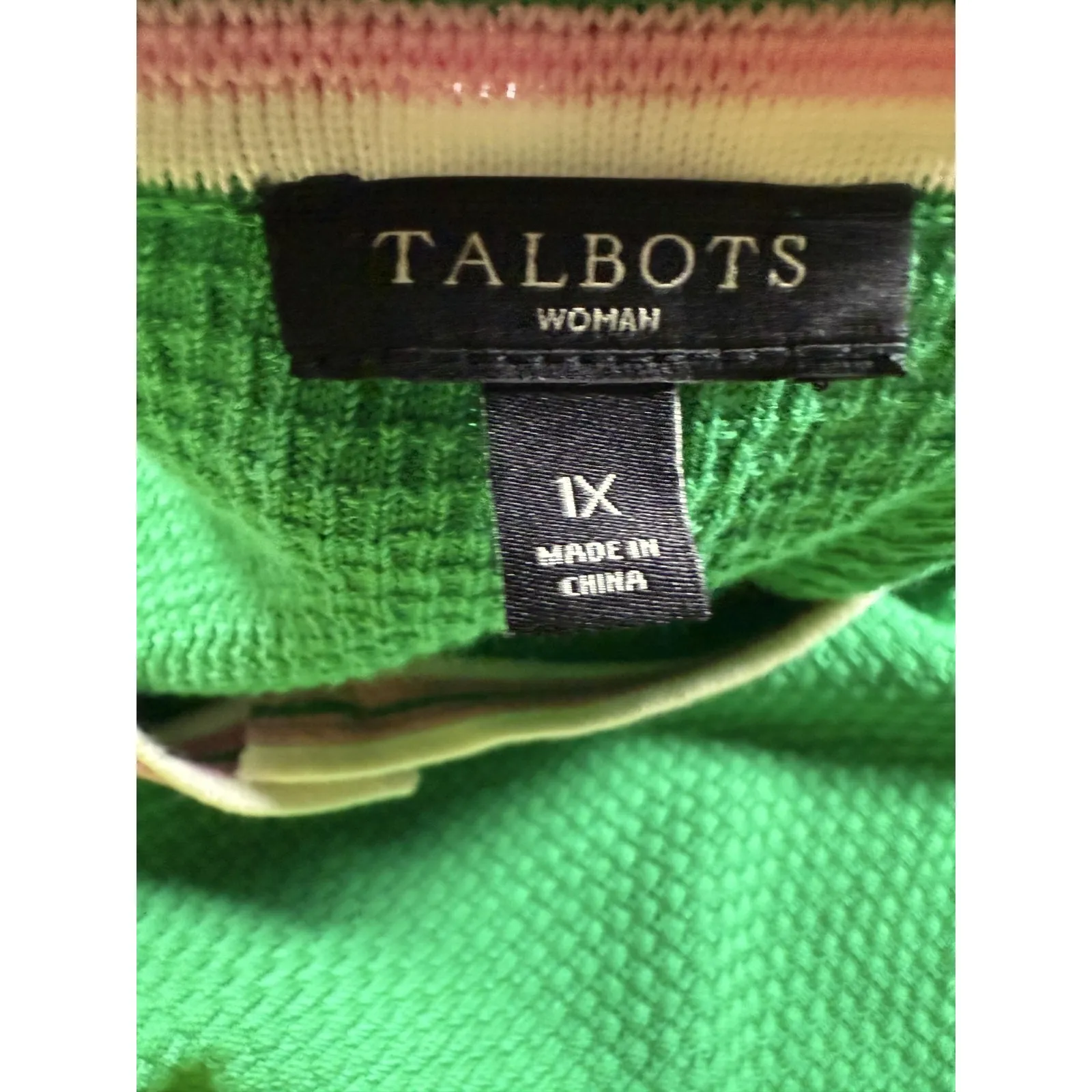 Talbots Cardigan Sweater Womens 1X Green Pink Stripe Trim Pearl Button Pockets - Image 3