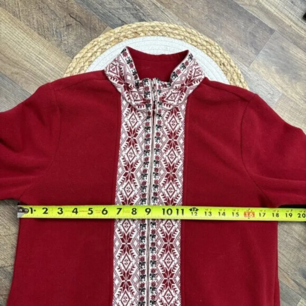 LL Bean Red Full Zip Fleece Jacket Womens Small Nordic Print Fair Isle Trim - Image 8