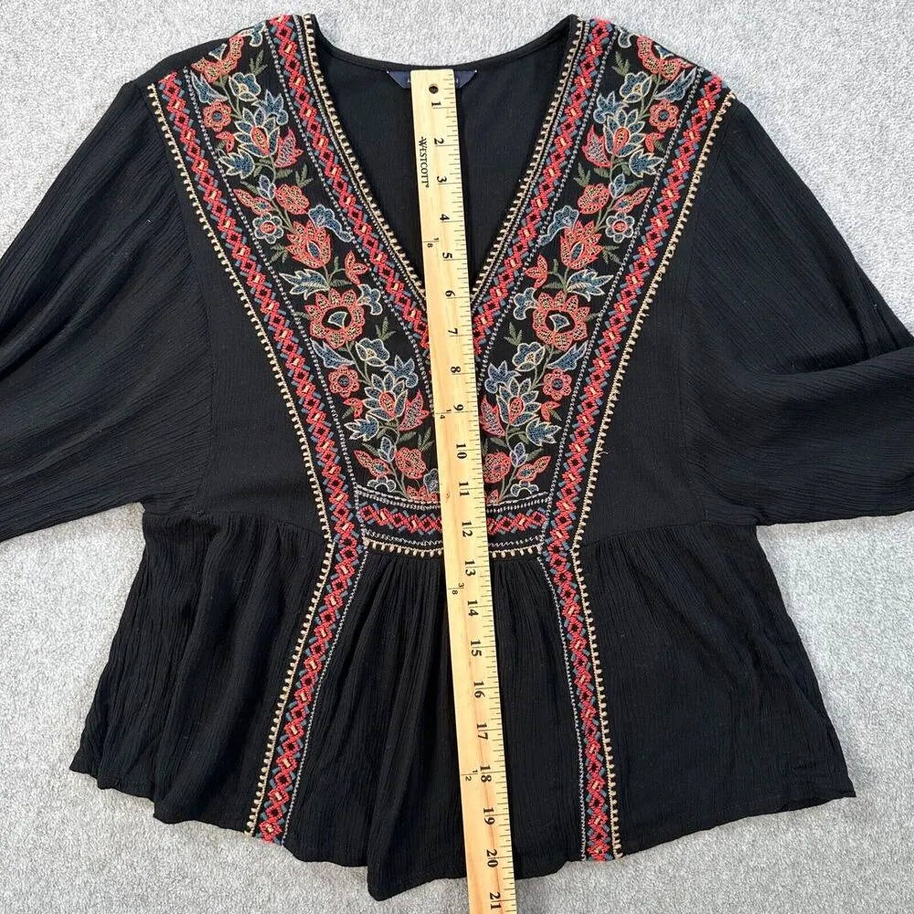 American Eagle Peasant V-Neck Top Embroidered Women XS Black Gauzy Ballon Sleeve - Image 5