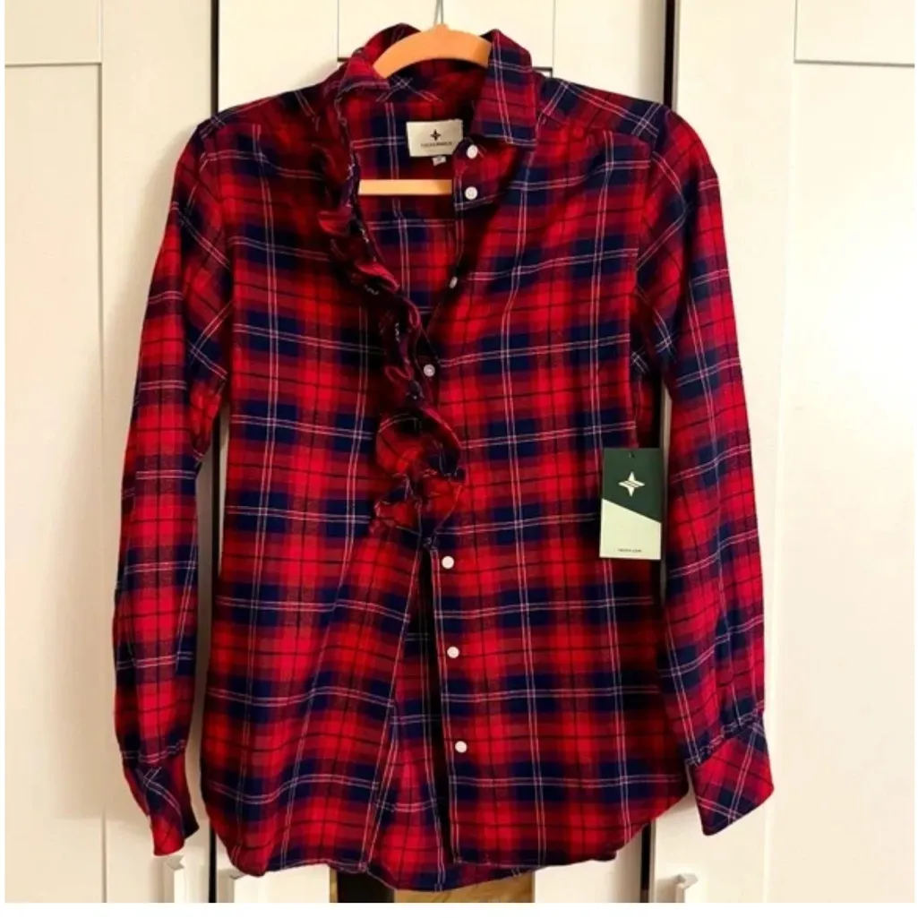 NWT Tuckernuck red plaid front ruffle button down top small - Image 11