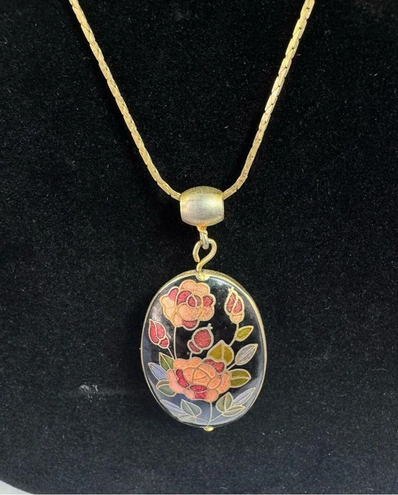 Cloisonné Pendant Floral Design 24 inch Gold Plated Chain Vintage Estate Jewelry - Image 4