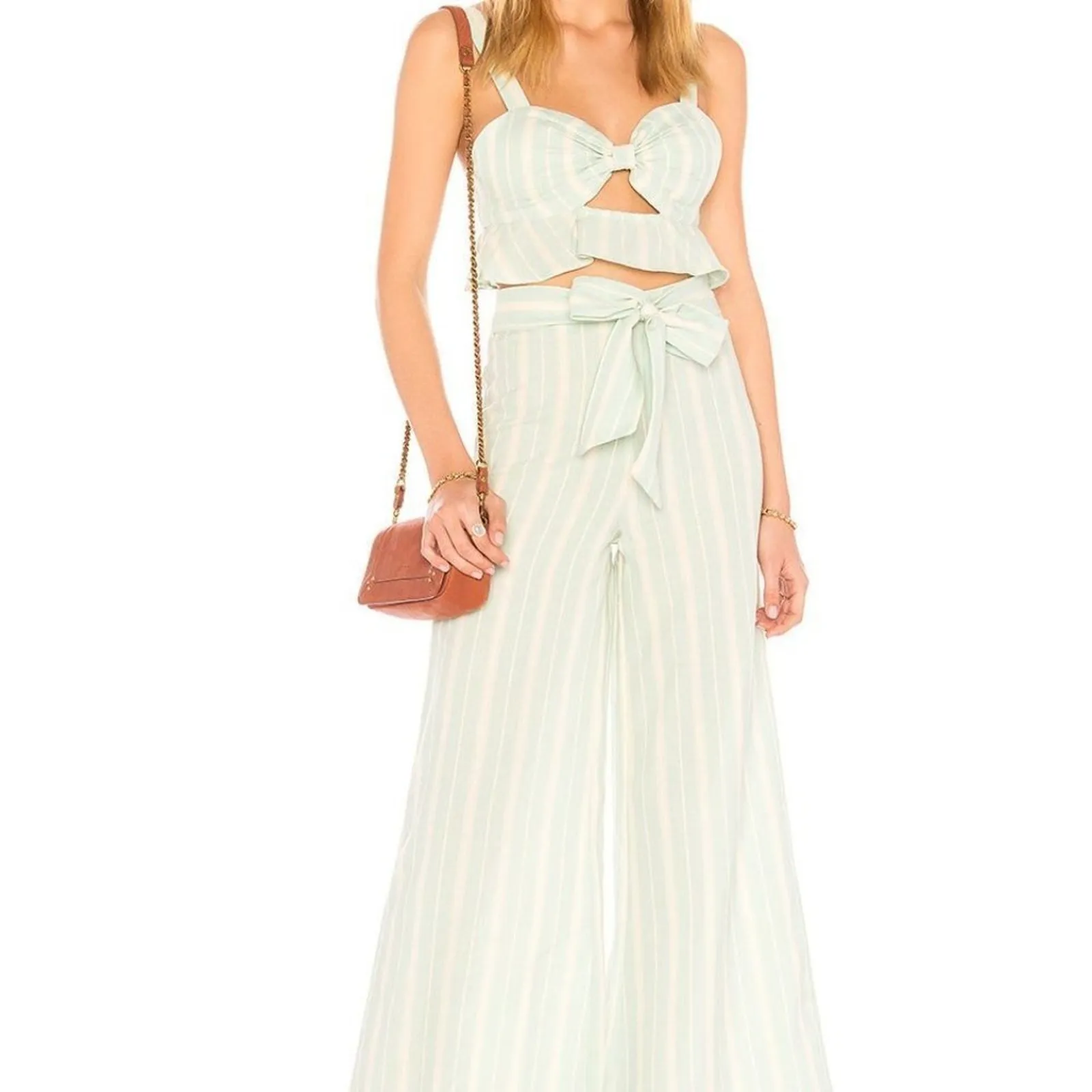 Tularosa Sydney Striped Wide Leg Pants Mint Green High Waist Belted Resortwear S - Image 7