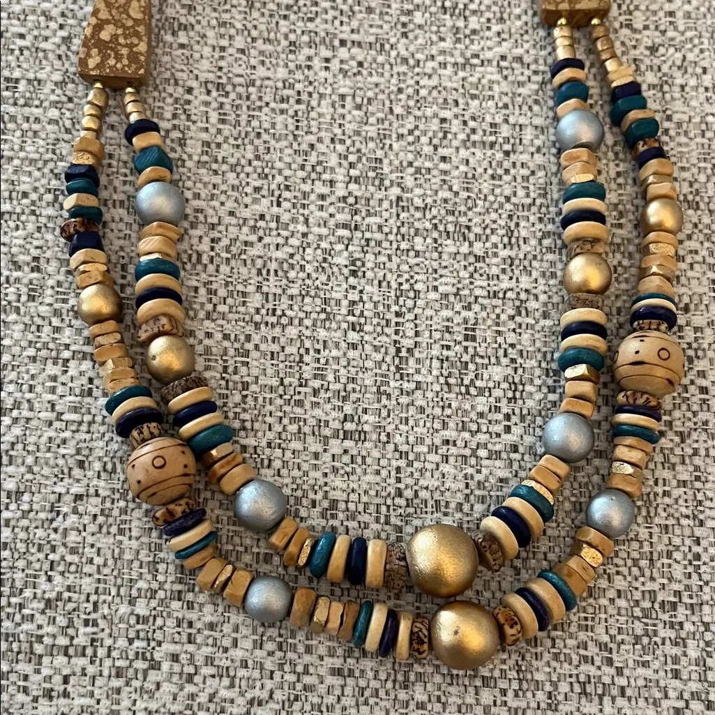 Casual Corner Gold and Blues Wooden Beaded Double Strand Necklace - Image 5